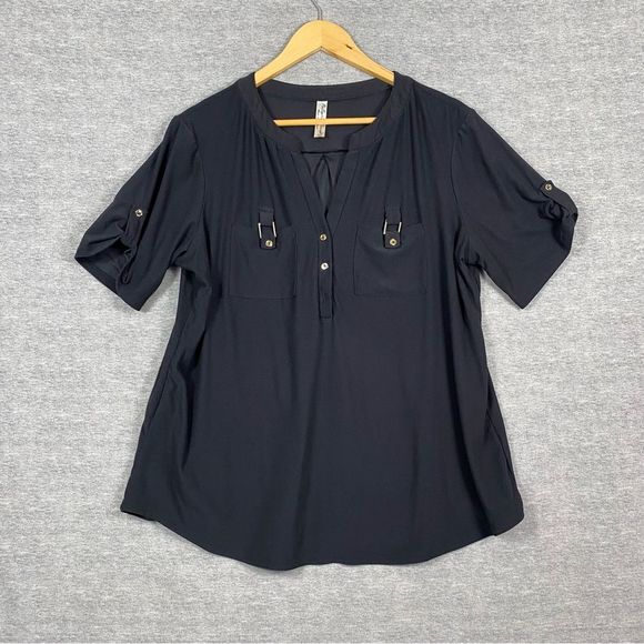 PerSception Concepts Womens Black Short Sleeve Tapered 2 Button V Neck Blouse XL - Picture 1 of 10